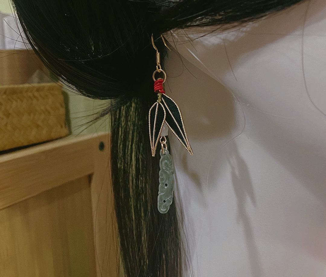 Bamboo Leaf And Jade Bespoke Earrings - Silk Earrings(Ronghua)