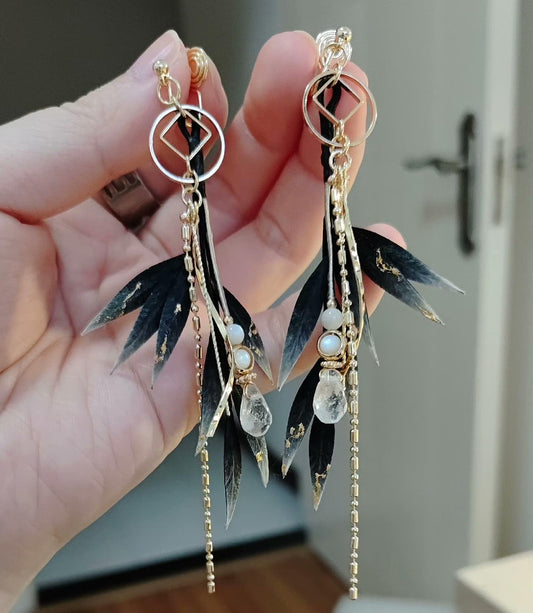 Black Leaves Bespoke Earrings - Silk Earrings(Ronghua)