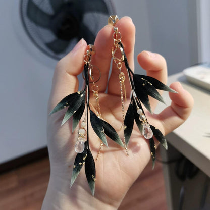 Black Leaves Bespoke Earrings - Silk Earrings(Ronghua)