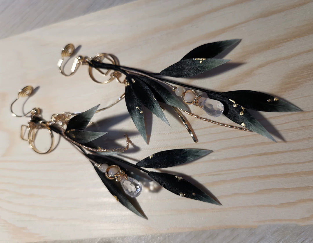 Black Leaves Bespoke Earrings - Silk Earrings(Ronghua)