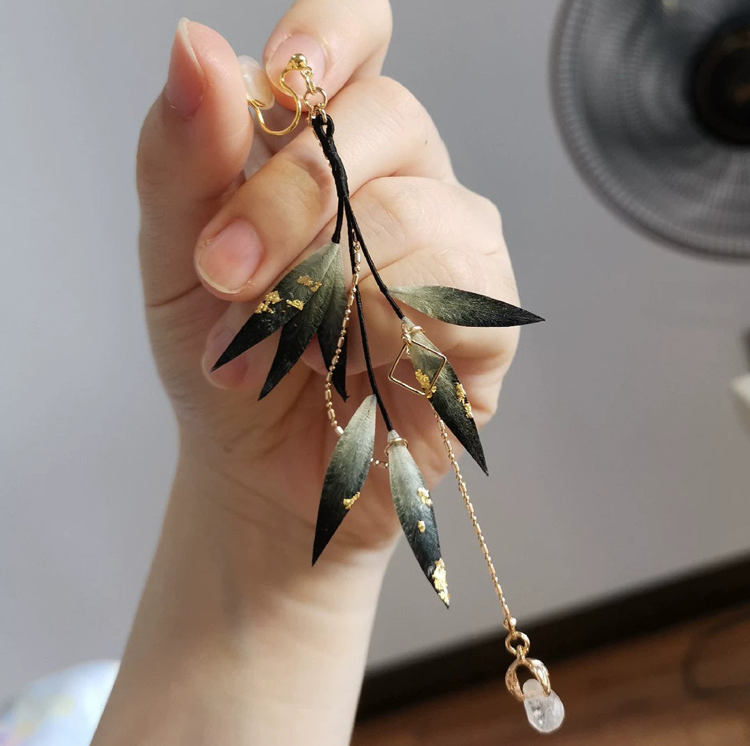 Black Leaves Bespoke Earrings - Silk Earrings(Ronghua)