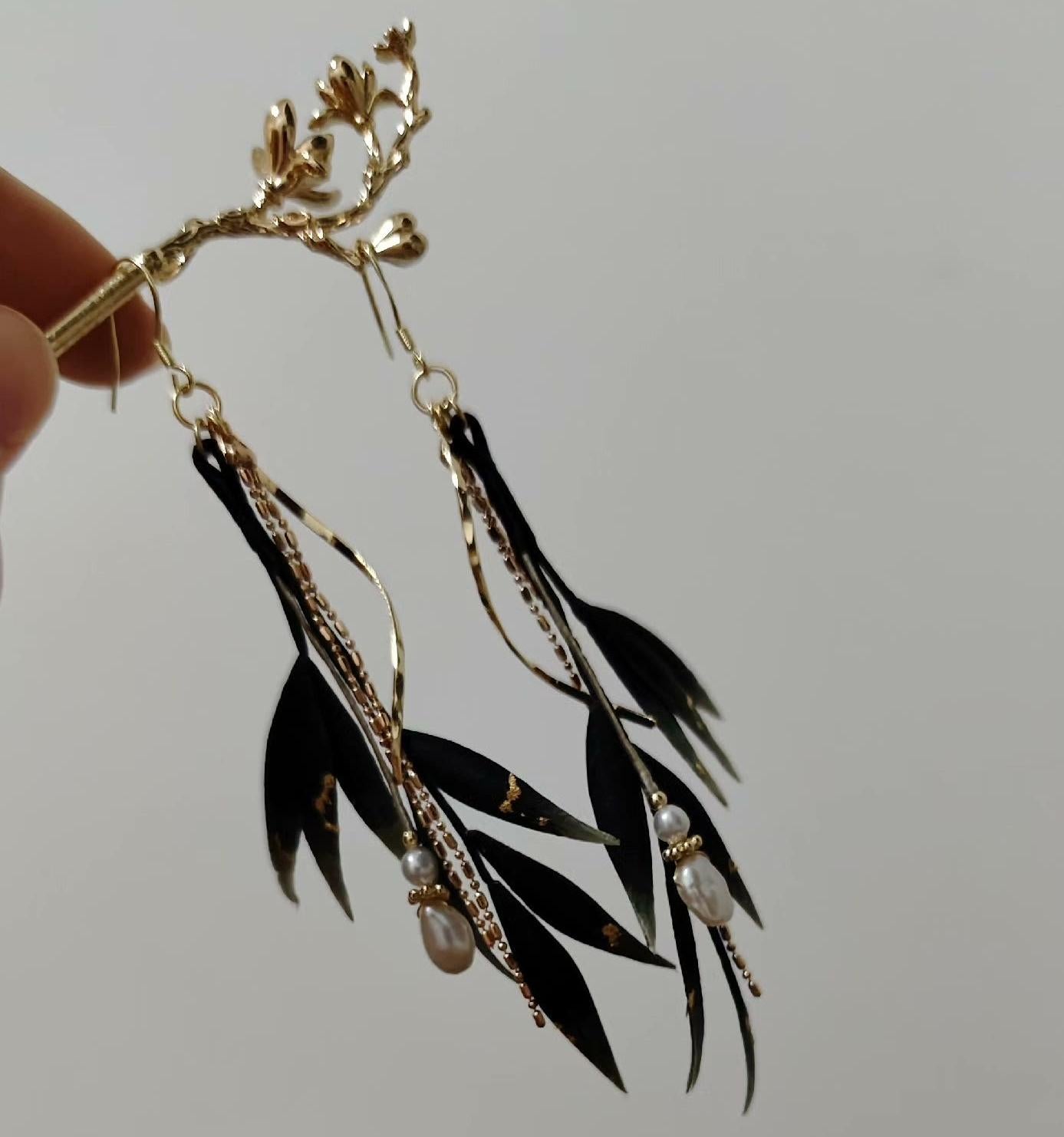 Black Bamboo Leaves Bespoke Earrings - Silk Earrings(Ronghua)