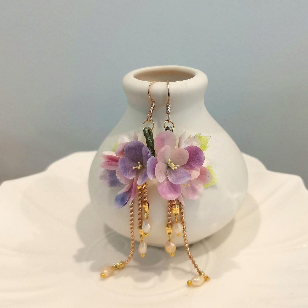 Hydrangea Bespoke Earrings - Silk Earrings(Ronghua)