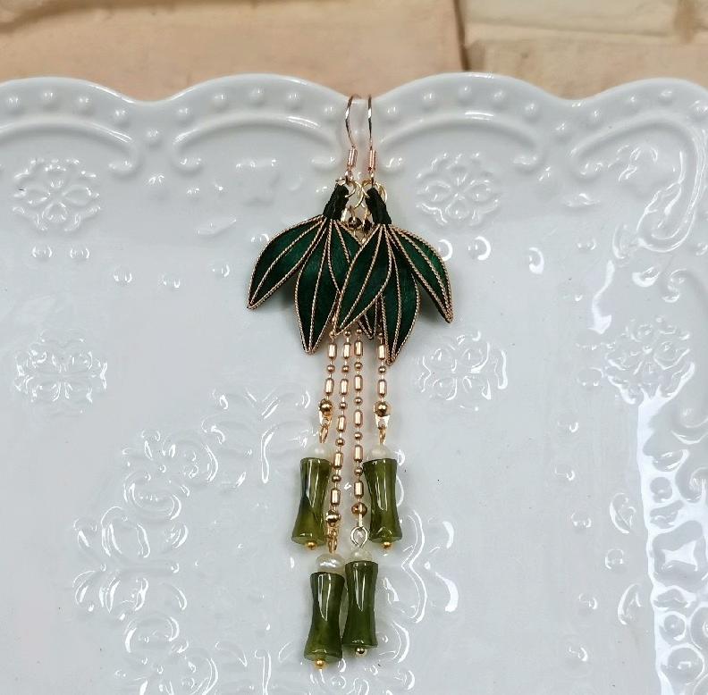 Bamboo Leaves Bespoke Earrings - Silk Earrings(Ronghua)