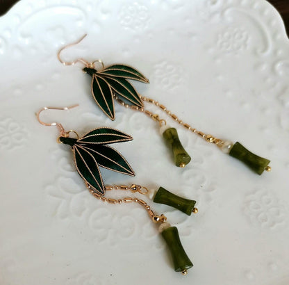 Bamboo Leaves Bespoke Earrings - Silk Earrings(Ronghua)