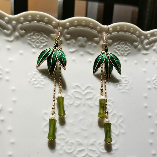 Bamboo Leaves Bespoke Earrings - Silk Earrings(Ronghua)