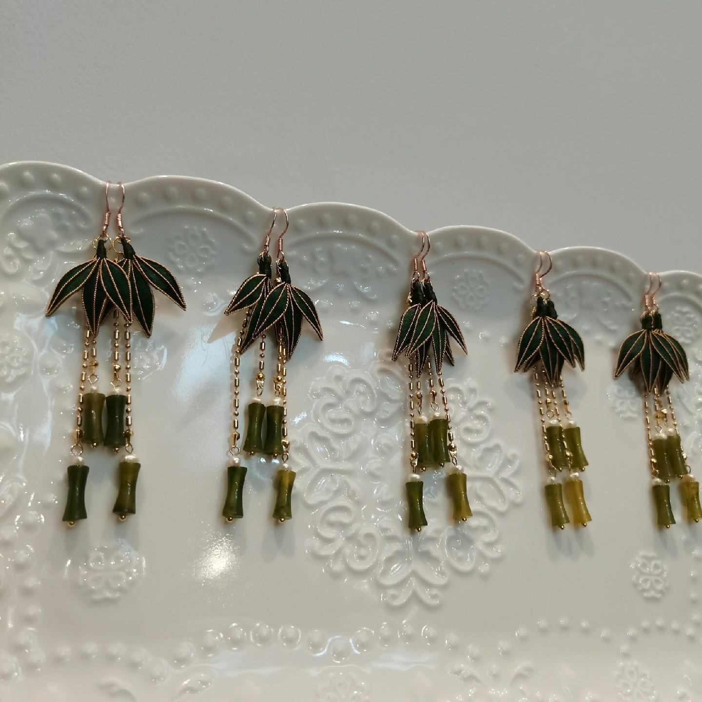 Bamboo Leaves Bespoke Earrings - Silk Earrings(Ronghua)