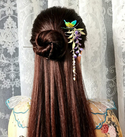 Butterfly And Wisteria Flowers Bespoke Hairpin - Silk Hairpin(Ronghua)