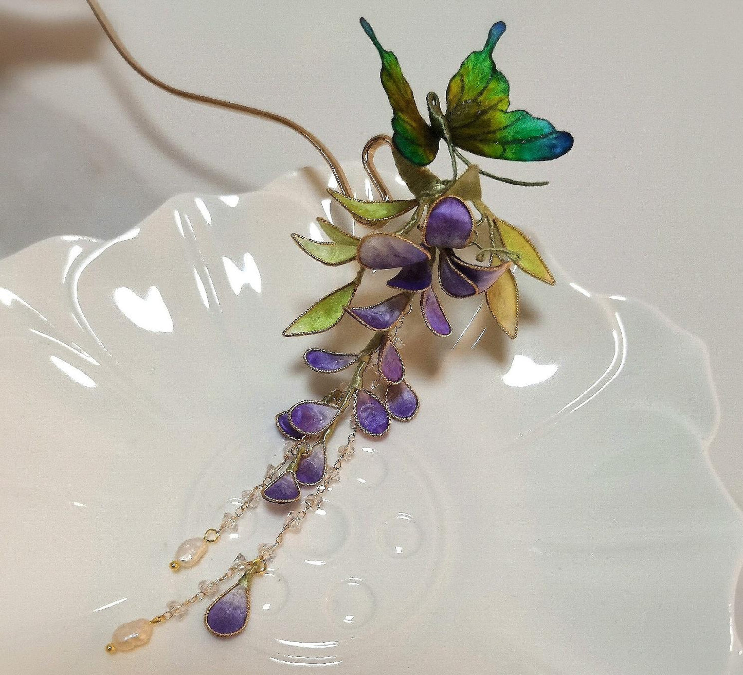 Butterfly And Wisteria Flowers Bespoke Hairpin - Silk Hairpin(Ronghua)