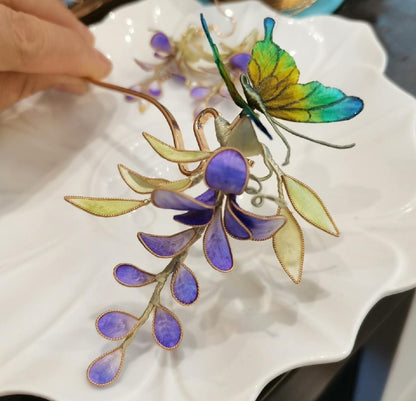 Butterfly And Wisteria Flowers Bespoke Hairpin - Silk Hairpin(Ronghua)