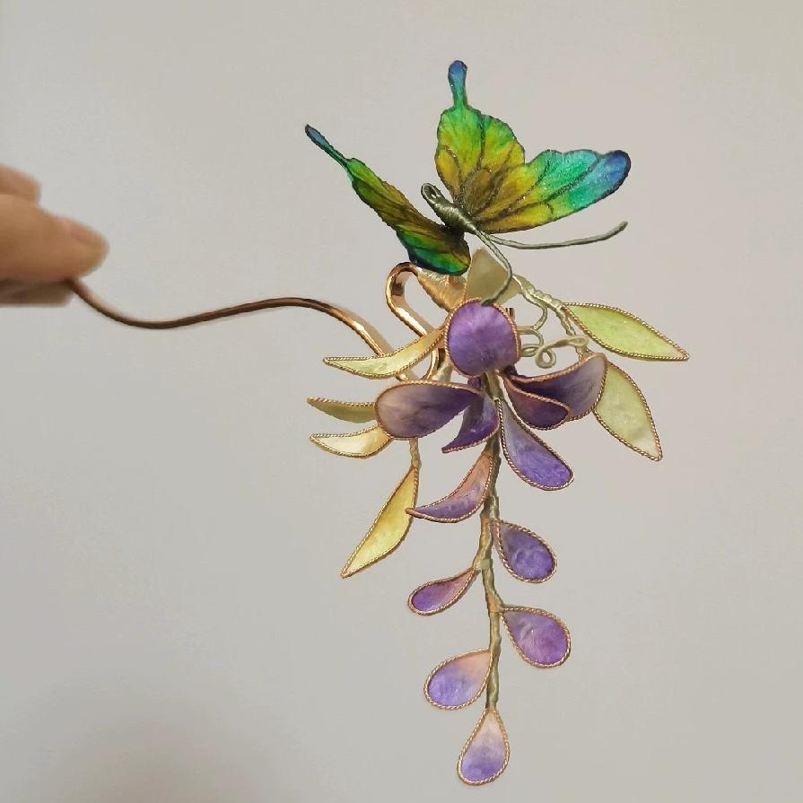 Butterfly And Wisteria Flowers Bespoke Hairpin - Silk Hairpin(Ronghua)