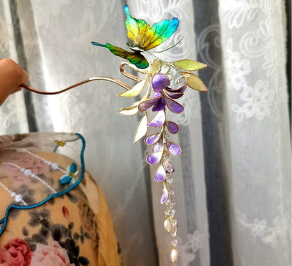 Butterfly And Wisteria Flowers Bespoke Hairpin - Silk Hairpin(Ronghua)