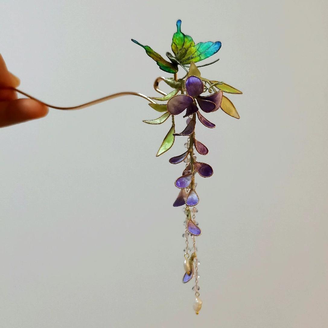 Butterfly And Wisteria Flowers Bespoke Hairpin - Silk Hairpin(Ronghua)