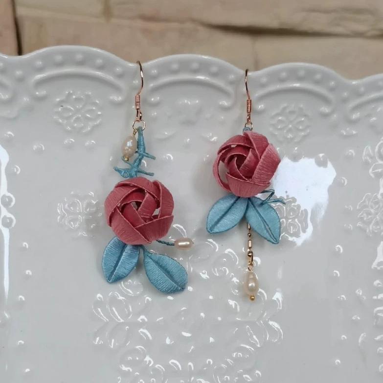 Rose Bud Bespoke Earrings - Silk Earrings(Chanhua)