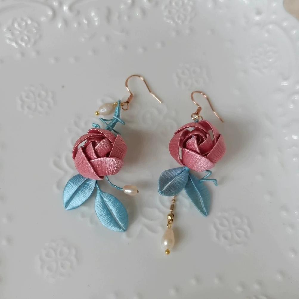 Rose Bud Bespoke Earrings - Silk Earrings(Chanhua)