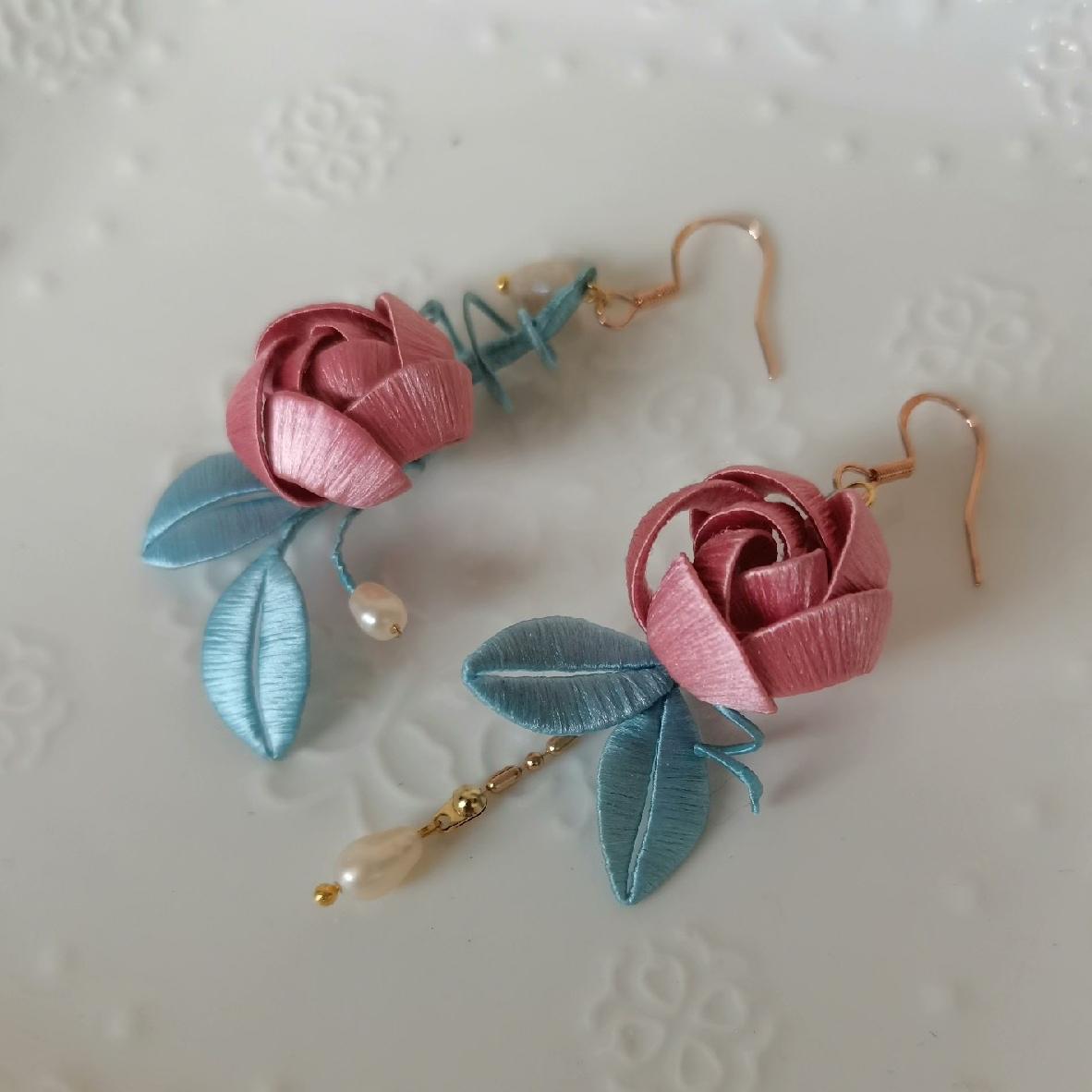 Rose Bud Bespoke Earrings - Silk Earrings(Chanhua)