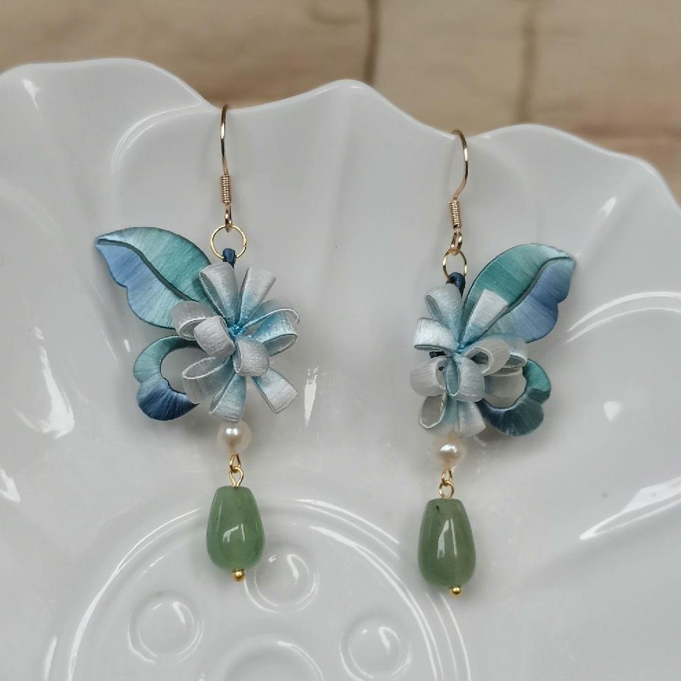 Butterfly And Flower Bespoke Earrings - Silk Earrings(Chanhua)