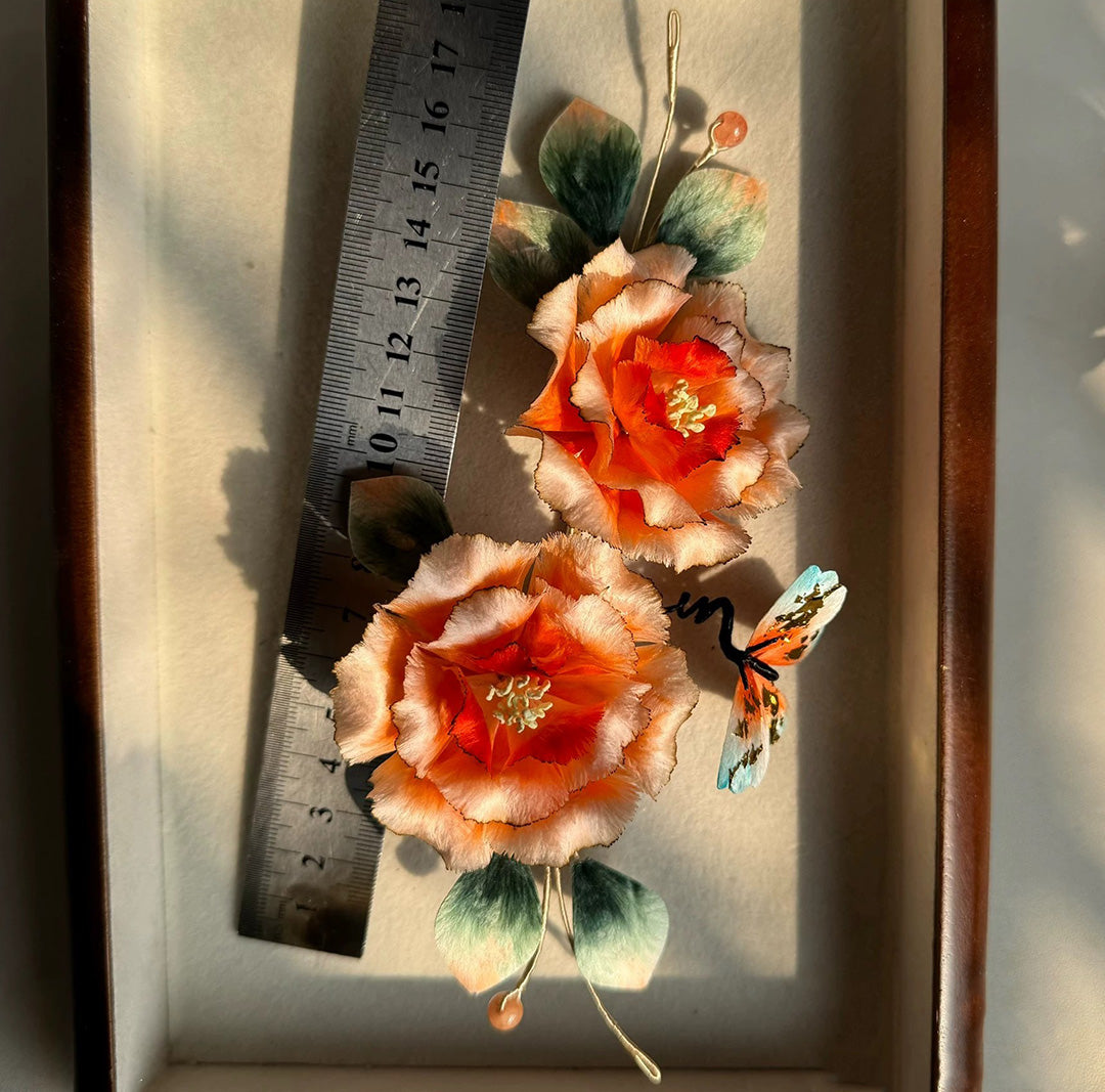 Orange Peony Bespoke Hairpin - Silk Hairpin(Ronghua)