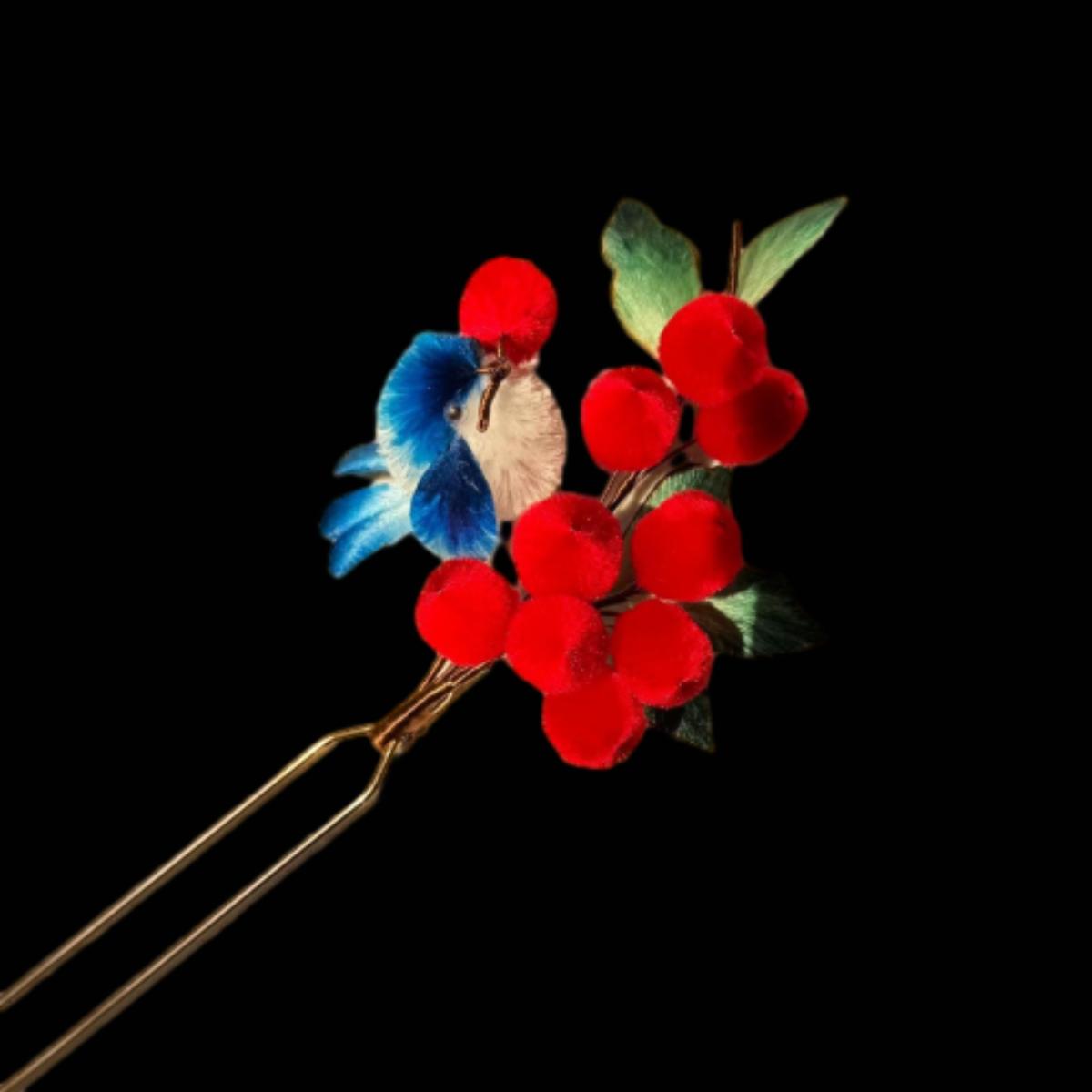 Bird And Red Fruit Bespoke Hairpin - Silk Hairpin(Ronghua)