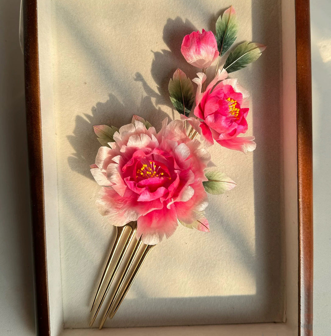 Pink Peony Bespoke Hairpin - Silk Hairpin(Ronghua)