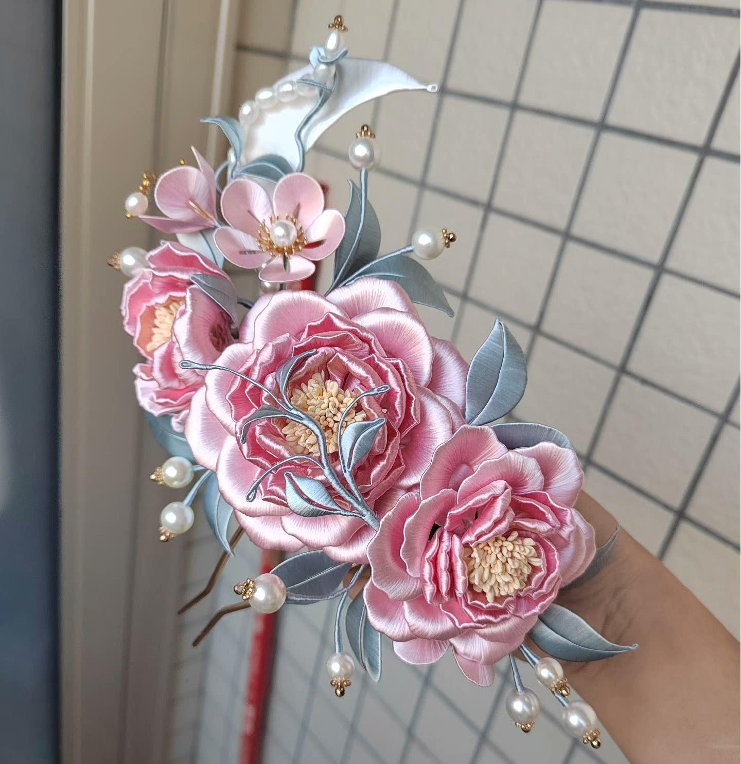 Pink Flower Bespoke Hairpin - Silk Hairpin(Chanhua)