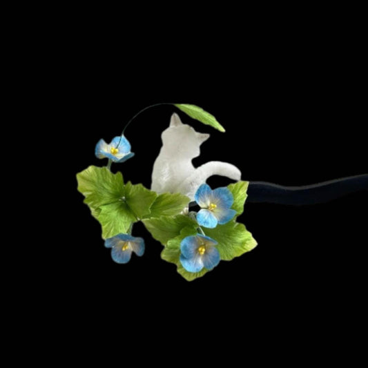 White Cat Bespoke Hairpin - Silk Hairpin(Ronghua)