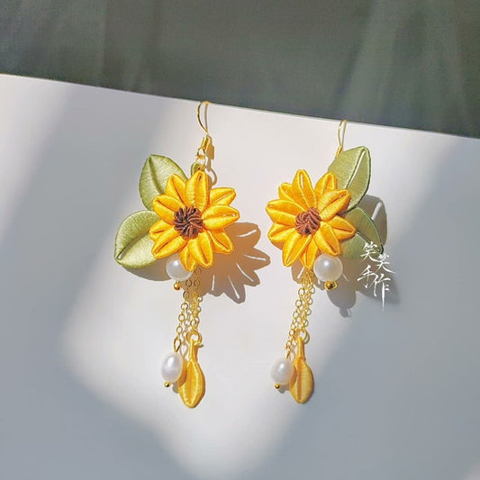 Handcrafted Chanhua Flower & Pearl Drop Earrings - 925 Silver Hooks