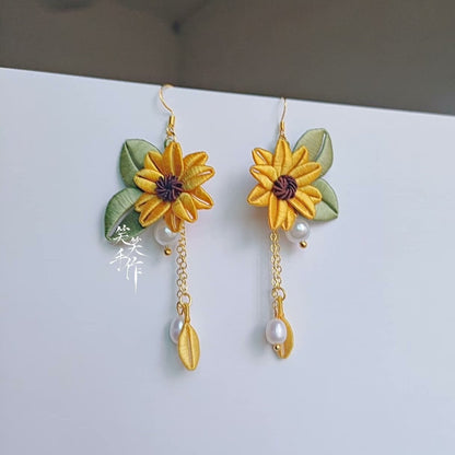 Handcrafted Chanhua Flower & Pearl Drop Earrings - 925 Silver Hooks