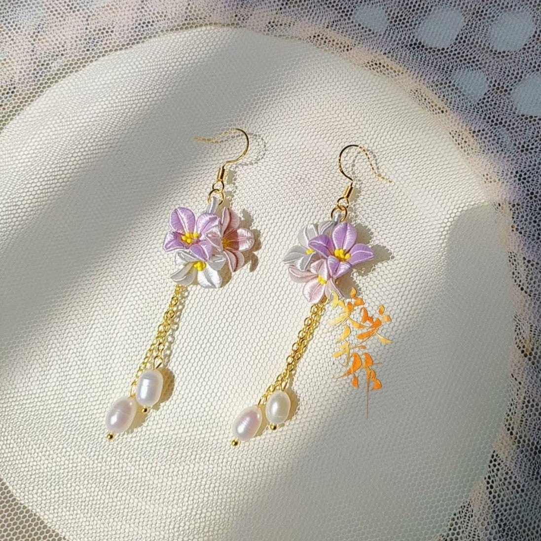 Handcrafted Chanhua Flower & Freshwater Pearl Dangle Earrings - 925 Silver Hooks