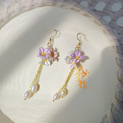 Handcrafted Chanhua Flower & Freshwater Pearl Dangle Earrings - 925 Silver Hooks