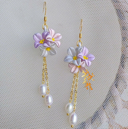 Handcrafted Chanhua Flower & Freshwater Pearl Dangle Earrings - 925 Silver Hooks