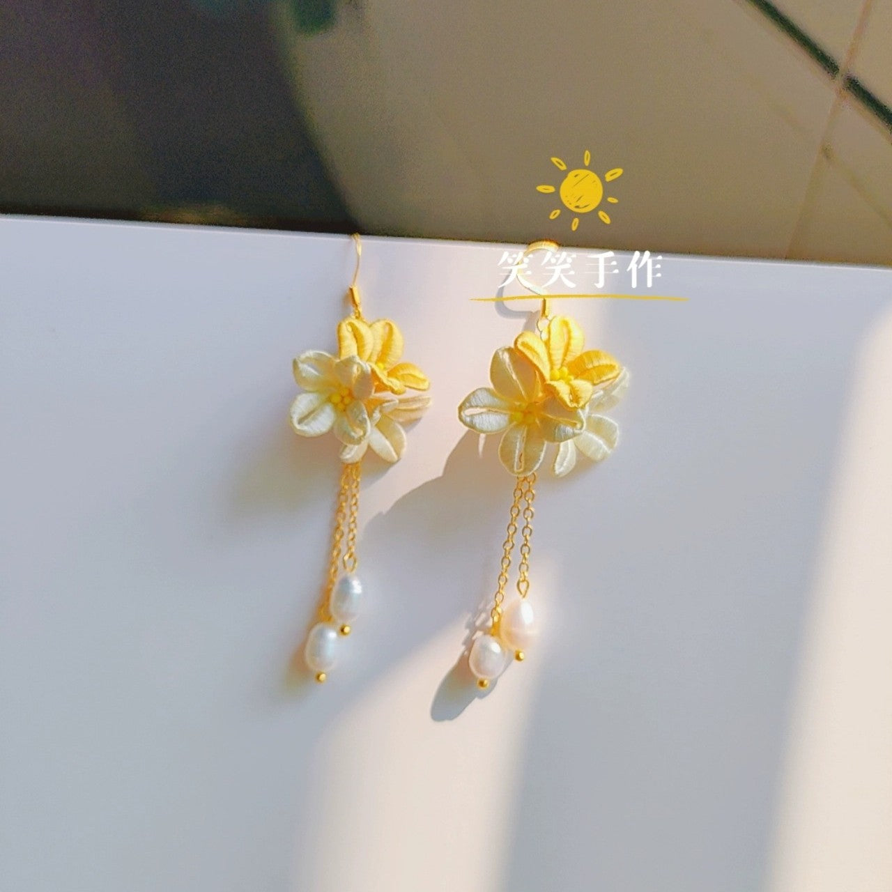 Handcrafted Chanhua Flower & Freshwater Pearl Dangle Earrings - 925 Silver Hooks