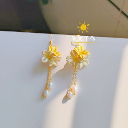 Handcrafted Chanhua Flower & Freshwater Pearl Dangle Earrings - 925 Silver Hooks