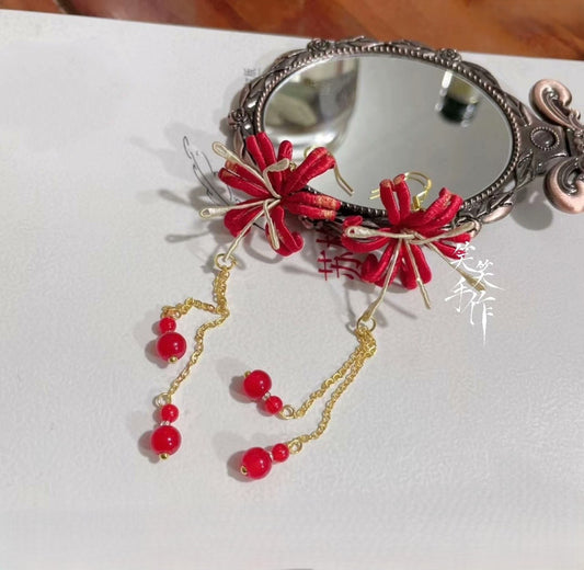 Red Chanhua Flower Earrings with Freshwater Pearls on 925 Silver Hooks