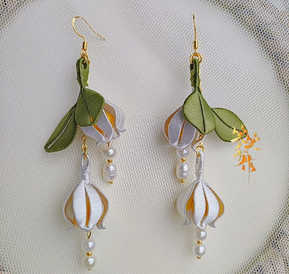 Handcrafted Chanhua Flower & Pearl Drop Earrings - 925 Silver Hooks