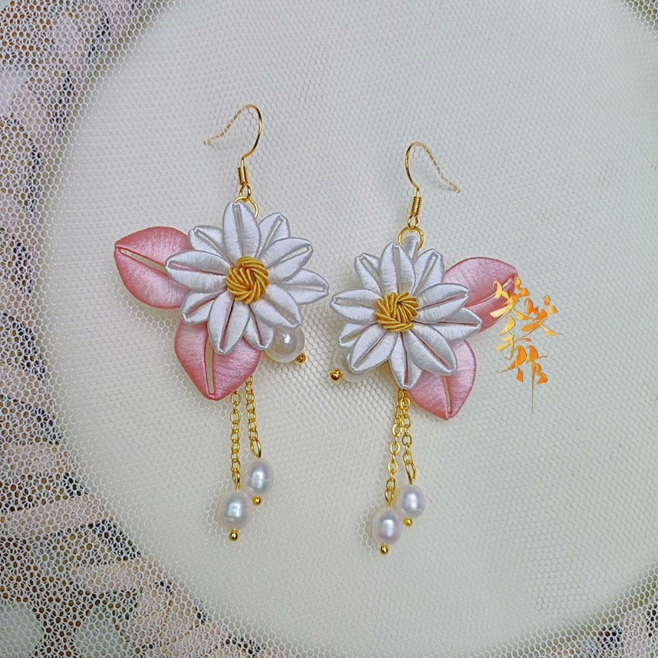 Handcrafted Chanhua Flower & Pearl Drop Earrings - 925 Silver Hooks