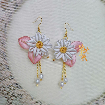 Handcrafted Chanhua Flower & Pearl Drop Earrings - 925 Silver Hooks