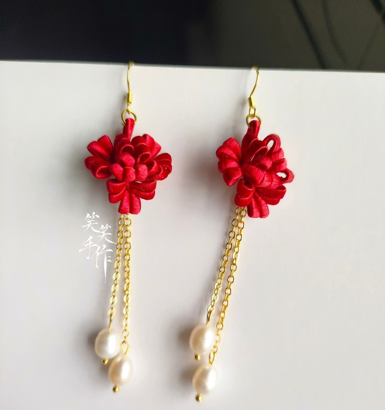 Handmade Chanhua Flower Earrings with Natural Freshwater Pearls - 925 Sterling Silver Hooks