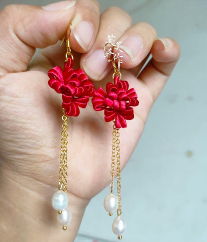 Handmade Chanhua Flower Earrings with Natural Freshwater Pearls - 925 Sterling Silver Hooks