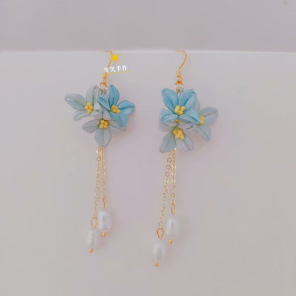 Handcrafted Chanhua Flower & Freshwater Pearl Dangle Earrings - 925 Silver Hooks