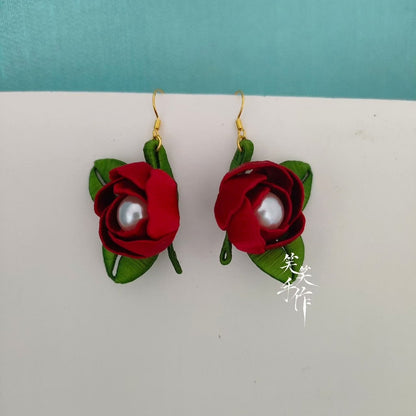 Handcrafted Chanhua Rose & Pearl Drop Earrings - 925 Silver Hooks