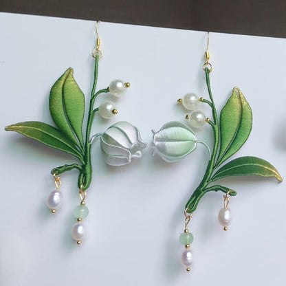 Handcrafted Chanhua Orchid & Pearl Earrings - 925 Silver Hooks