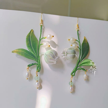 Handcrafted Chanhua Orchid & Pearl Earrings - 925 Silver Hooks