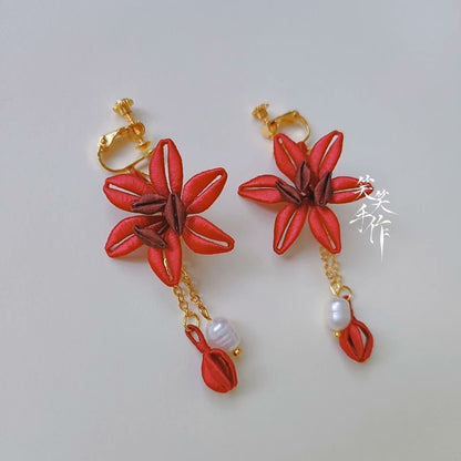 Chanhua Flower Pearl Dangle Earrings Handmade Silk Red Clip-On 925 Silver