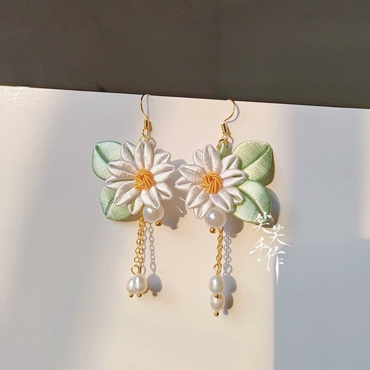 Handcrafted Chanhua Flower & Pearl Drop Earrings - 925 Silver Hooks