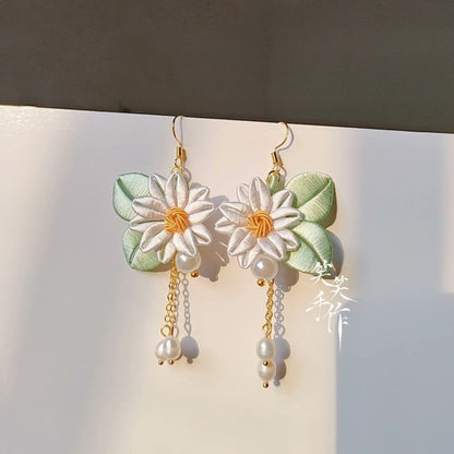 Handcrafted Chanhua Flower & Pearl Drop Earrings - 925 Silver Hooks