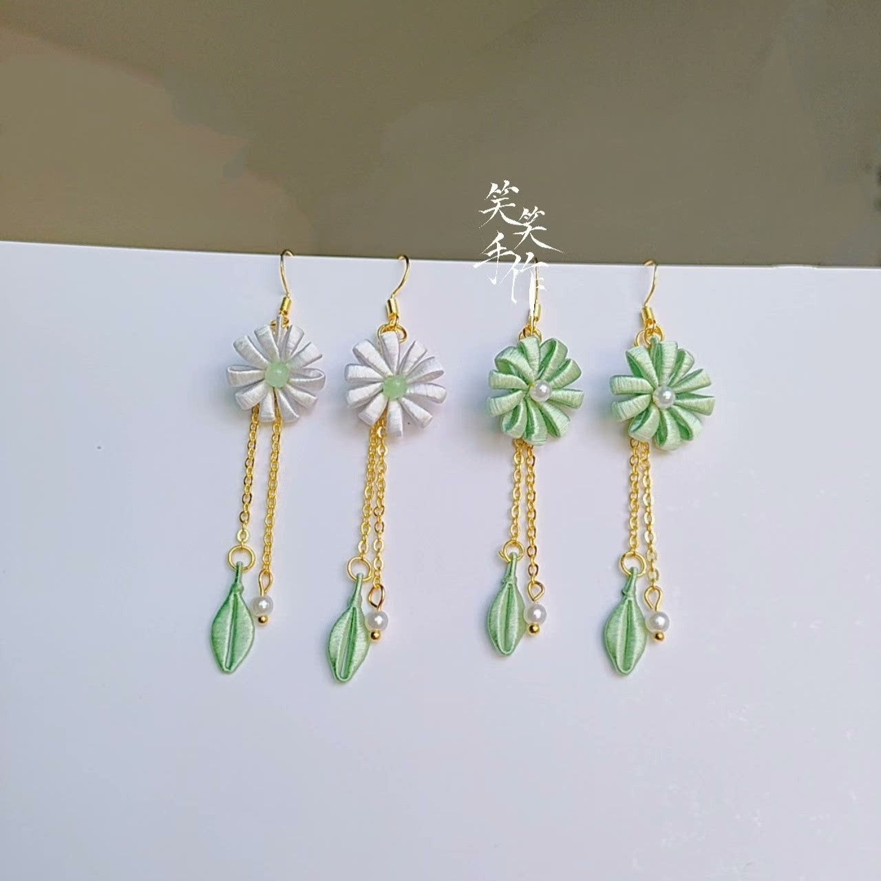 Chanhua Earrings, Handmade Floral Dangle with 925 Silver Hooks & Natural Freshwater Pearls, White and Light Green.