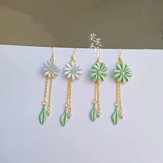 Chanhua Earrings, Handmade Floral Dangle with 925 Silver Hooks & Natural Freshwater Pearls, White and Light Green.