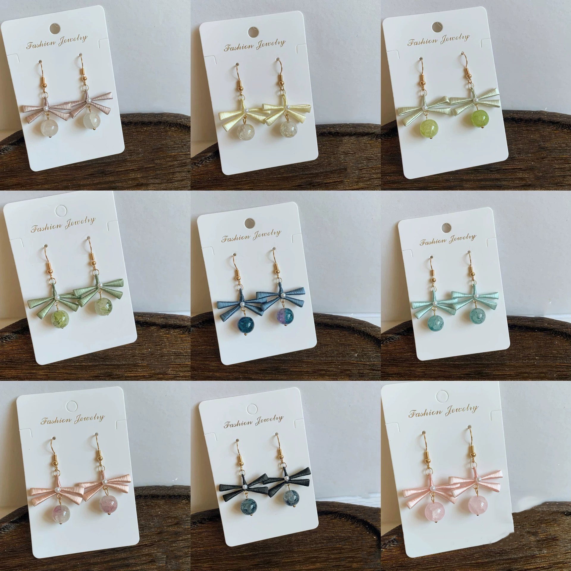 A collage of nine handmade Chanhua earrings in various colors, including pink, yellow, green, and blue, showcasing the full collection.