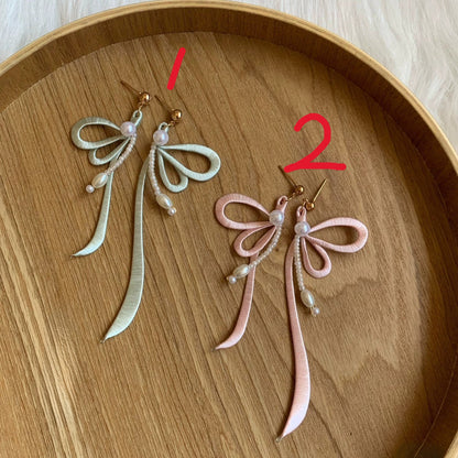 Handcrafted Chanhua Butterfly Ribbon & Pearl Earrings - 925 Silver Hooks